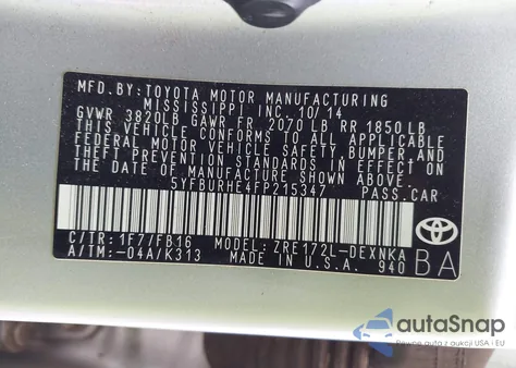 2015 Toyota Corolla Le/Le Plus/Le Premium из США, поврежденный, VIN 5YFBURHE4FP215347